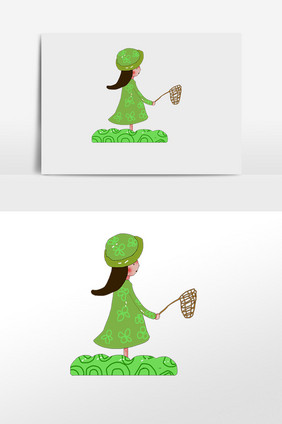 捉蜻蜓的绿衣女孩插画