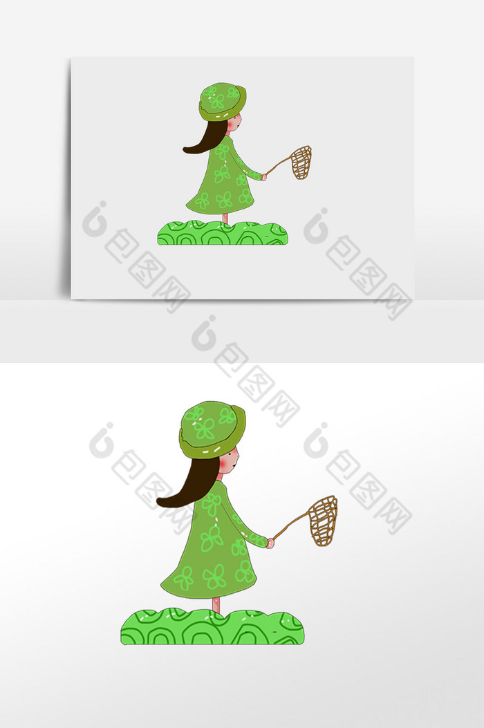 捉蜻蜓的绿衣女孩插画图片图片
