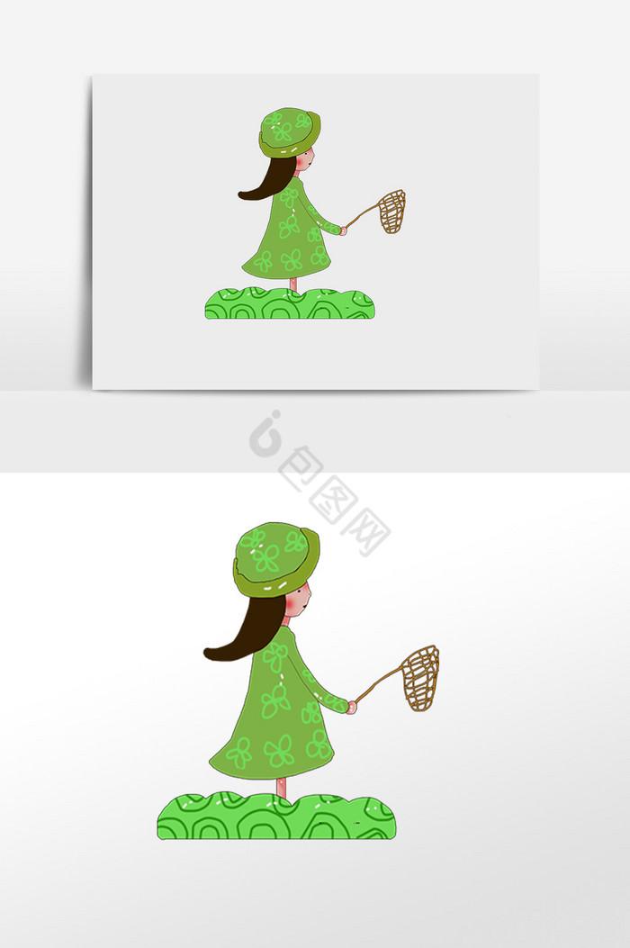 捉蜻蜓的绿衣女孩插画图片