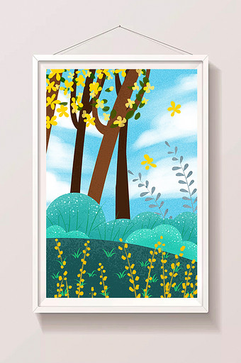 蓝色手绘卡通秋天大树风景图片