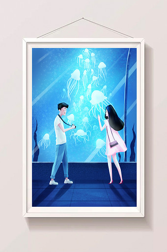 蓝色海底隧道邂逅爱情插画图片