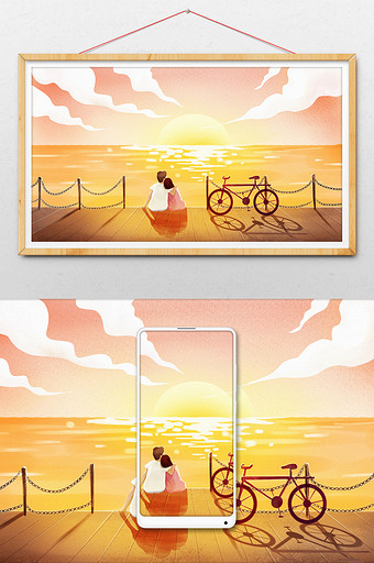 海岸情侣相拥看落日插画图片