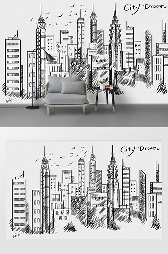 现代简约手绘抽象城市建筑线描背景装饰画图片
