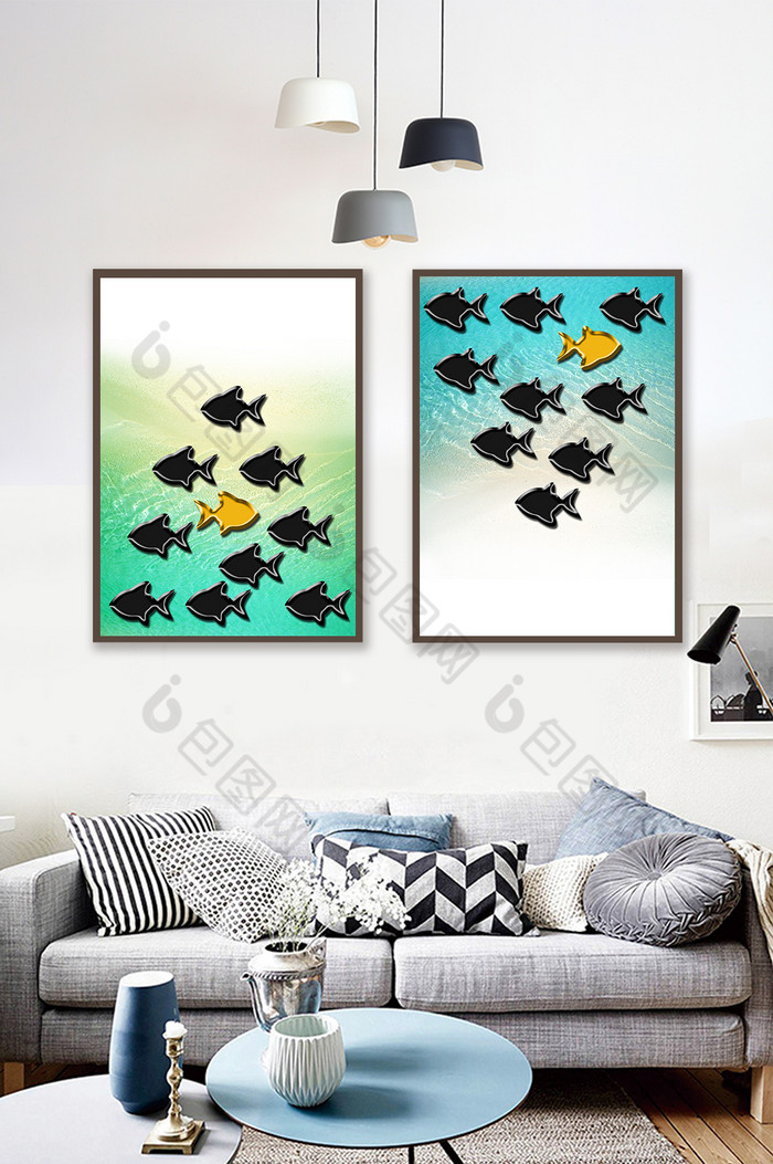 简约可爱立体鱼动物客厅装饰画图片图片