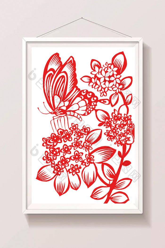 中国传统蝴蝶花卉剪纸插画