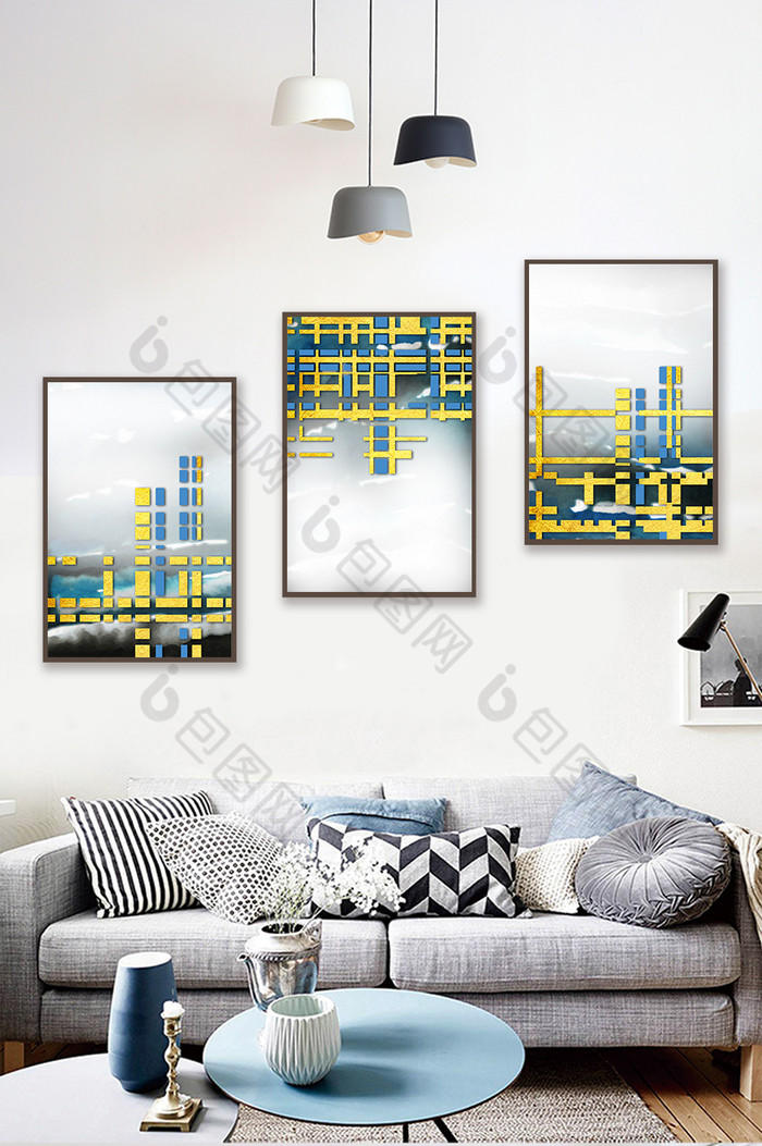 抽象黄色和蓝色小格子客厅装饰画图片图片