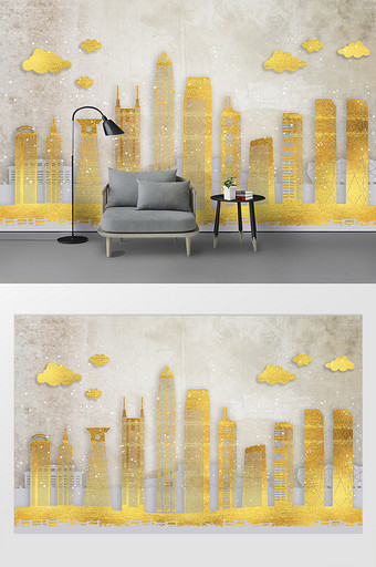 北欧现代金色城市建筑房子油画背景装饰图片