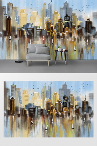 现代手绘抽象城市油画背景装饰画图片
