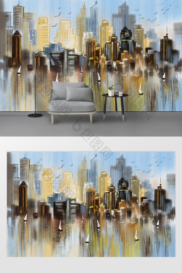 现代手绘抽象城市油画背景装饰画