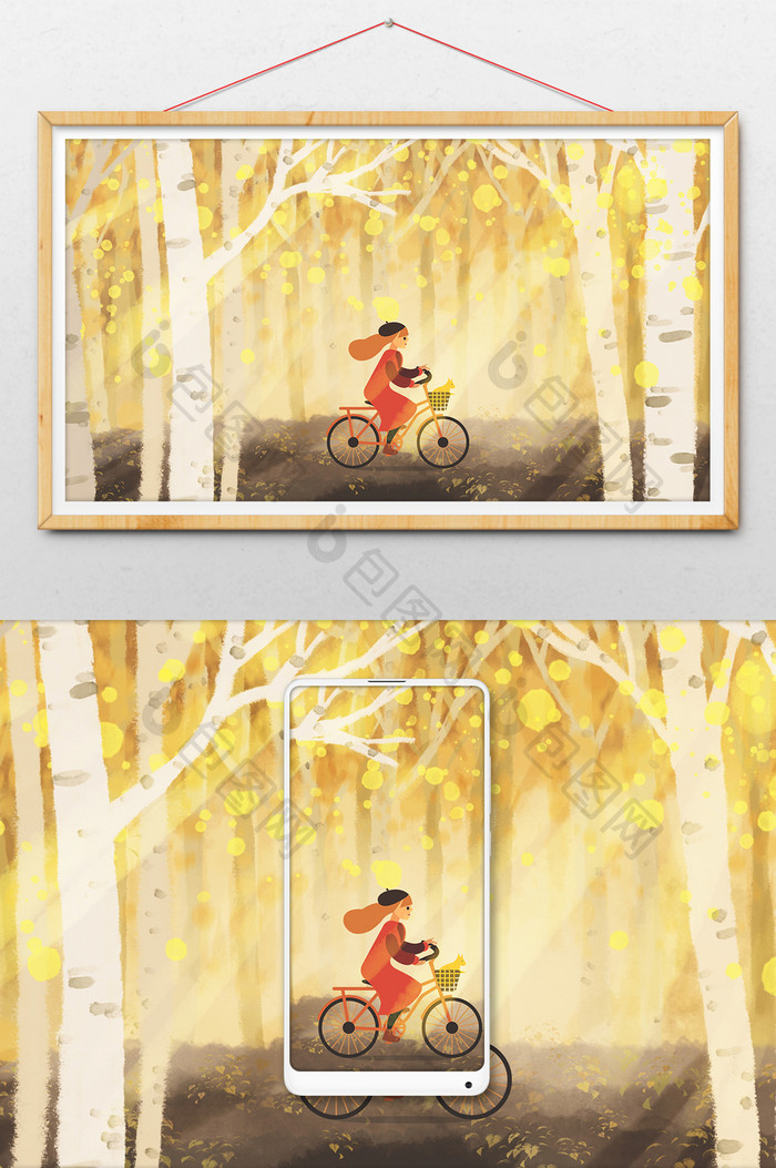 金色立秋树林骑自行车的小女孩插画