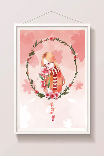 红色小女孩浪漫花圈花朵插画图片