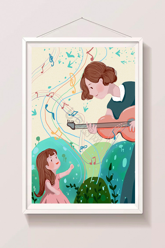 浪漫温馨亲情母女妈妈弹吉他女儿唱歌插画图片