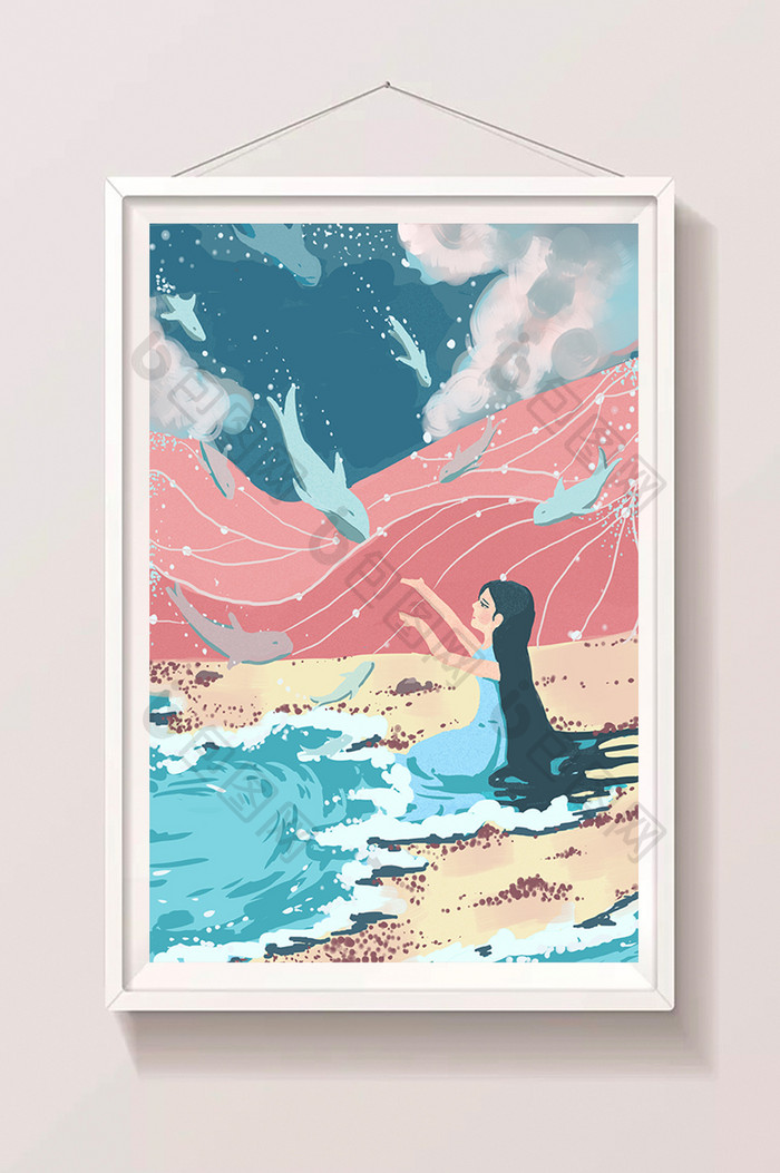 清新夏日海的女儿美人鱼海边鲸鱼插画