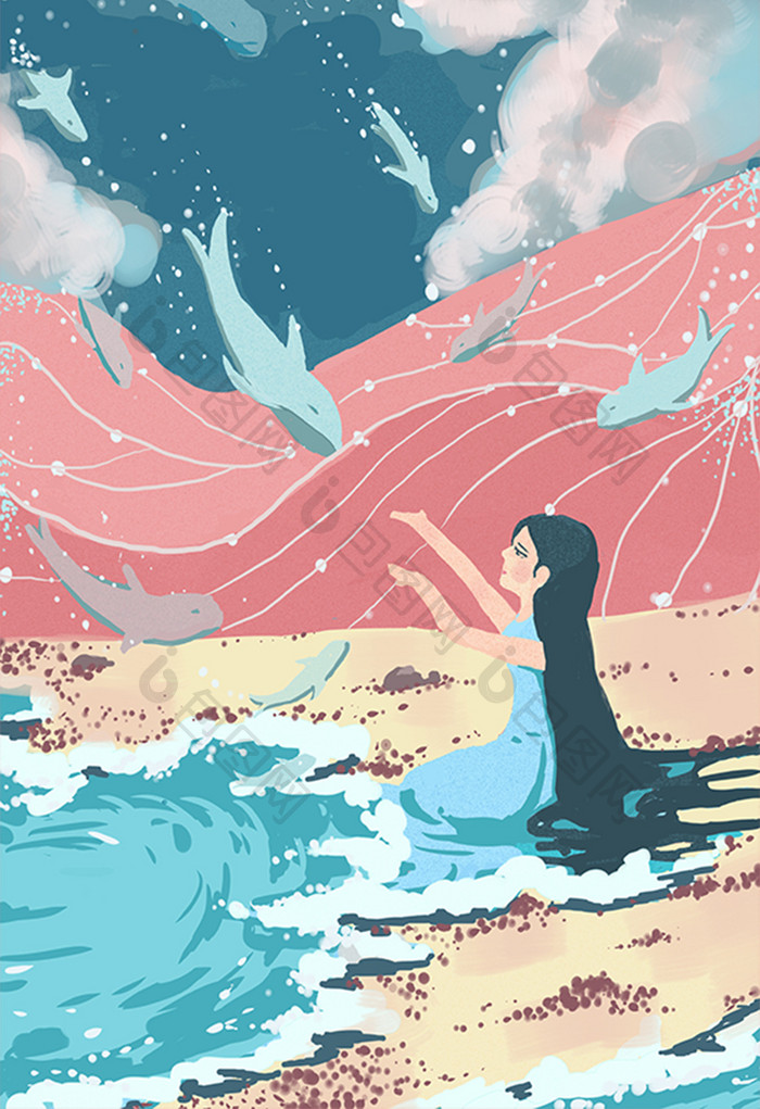清新夏日海的女儿美人鱼海边鲸鱼插画