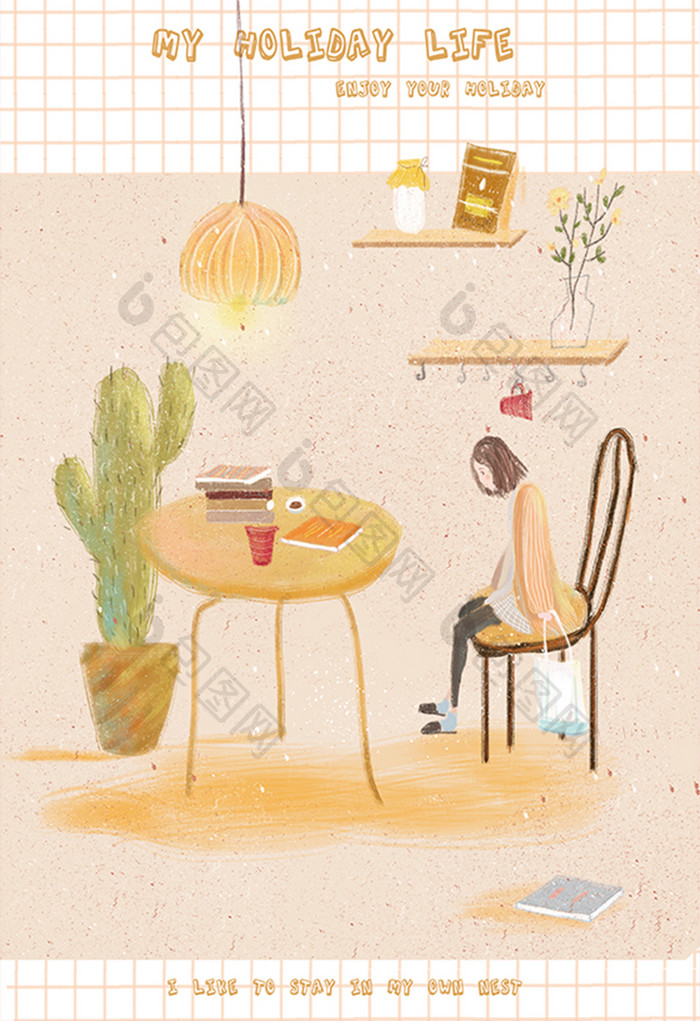 黄色温暖坐在椅子上的黄衣少女插画