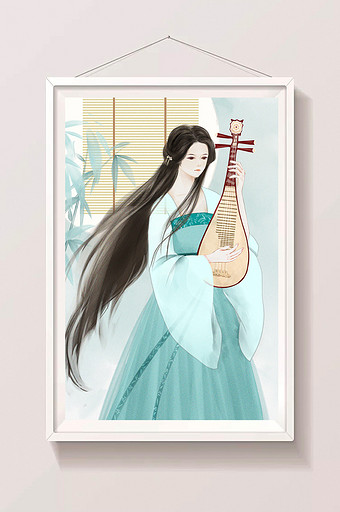 唯美清新中国古风女子弹琵琶手绘插画图片