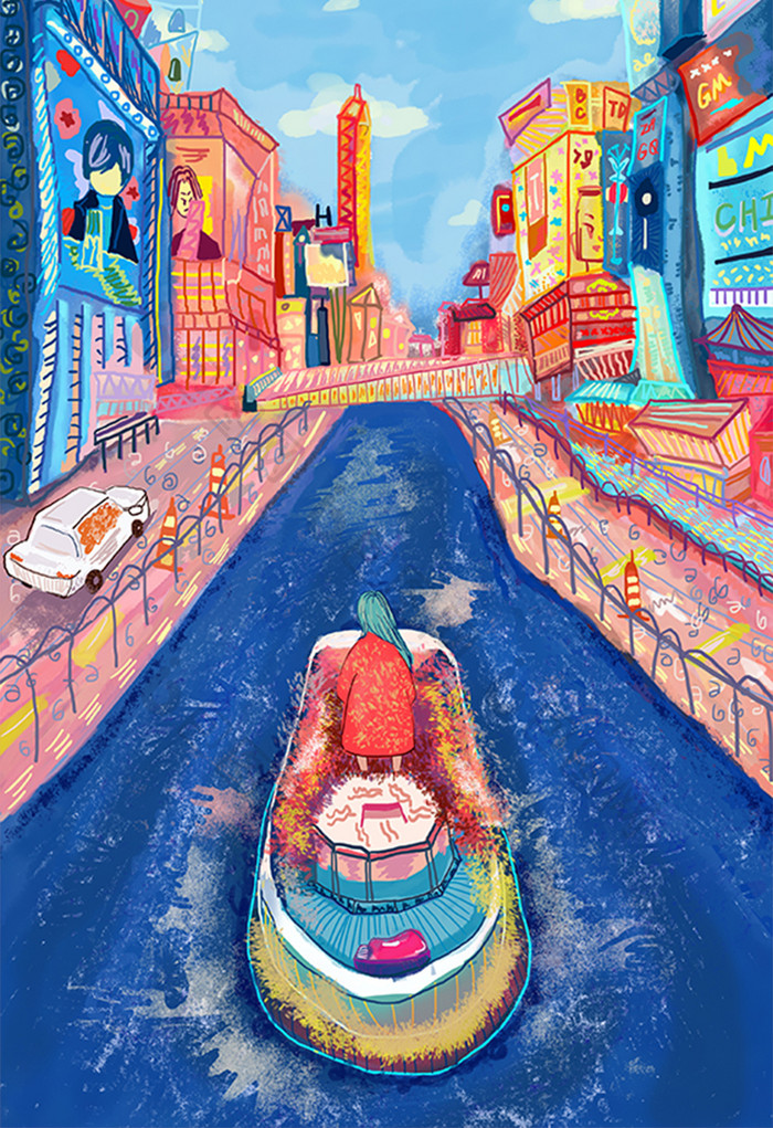 梦幻威尼斯游船过桥街边城市浪漫巴黎插画