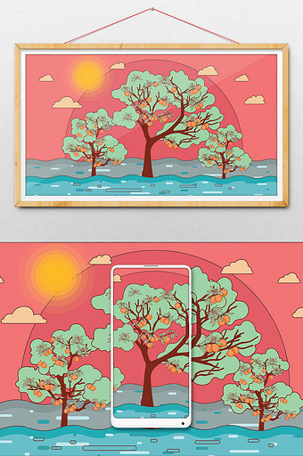 手绘清新桃子树插画图片