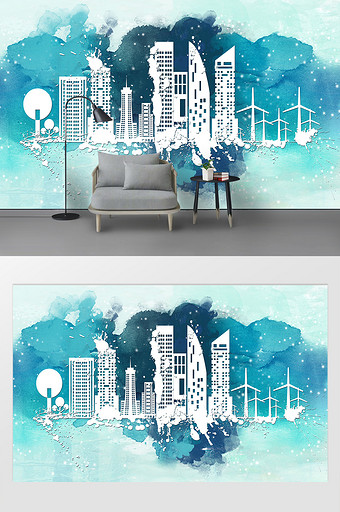 现代简约蓝色水彩手绘城市建筑电视背景墙图片