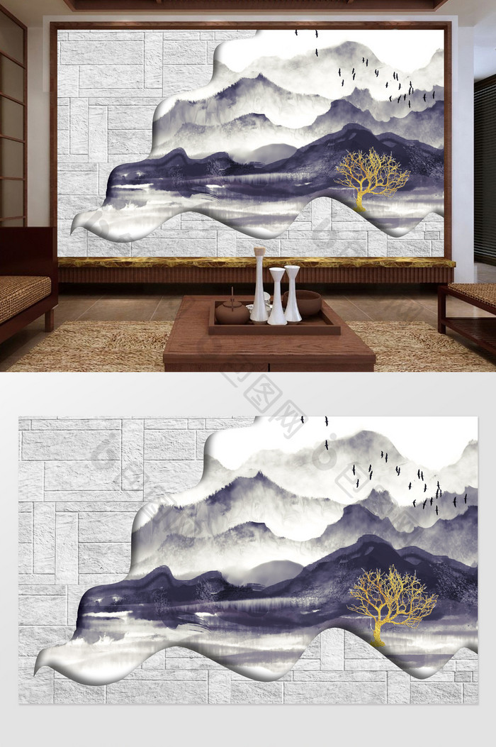 新中式创意切割山水风景背景墙