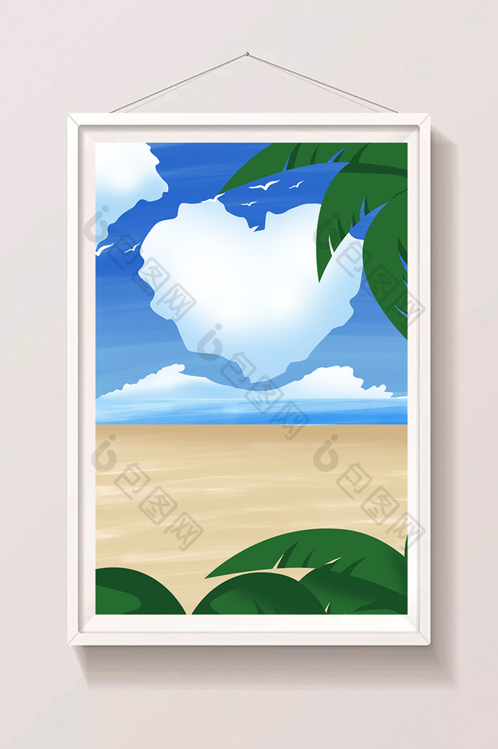 卡通沙滩海边白云椰树