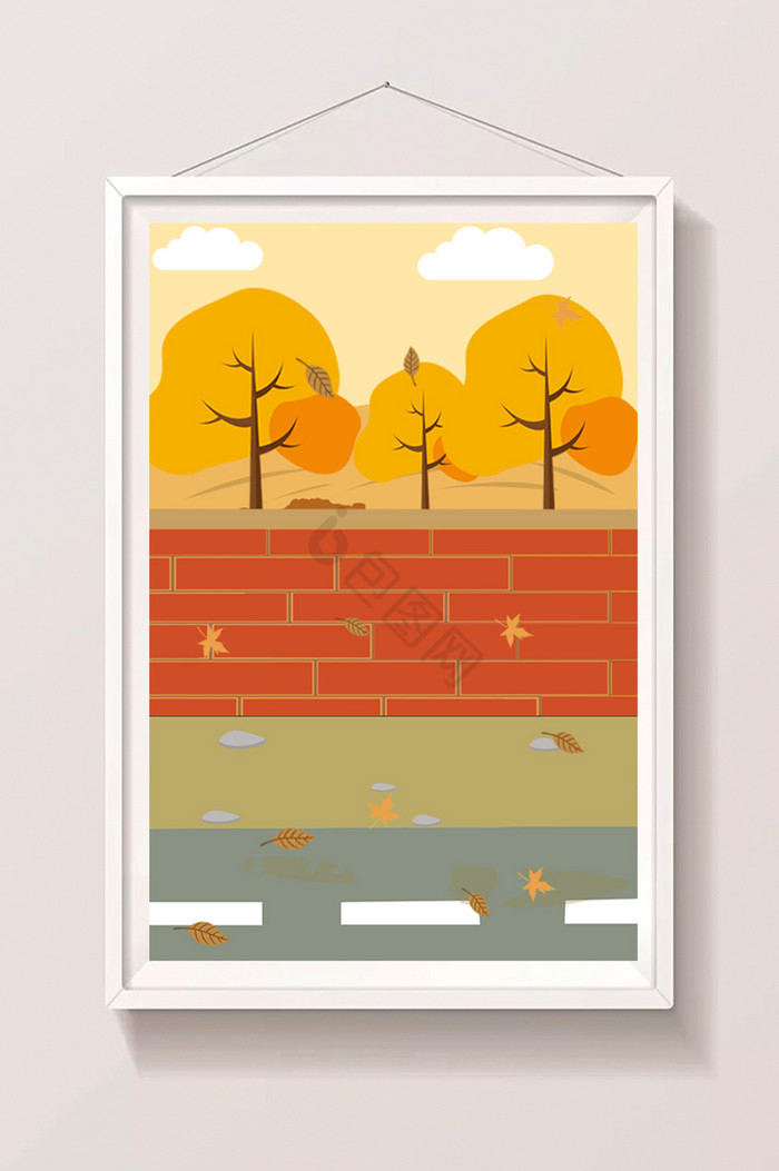 秋天马路墙壁风景大树图片