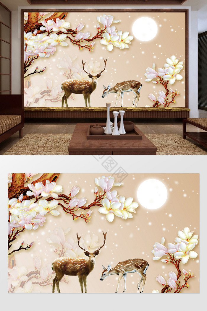 新中式兰花月光小鹿背景墙图片