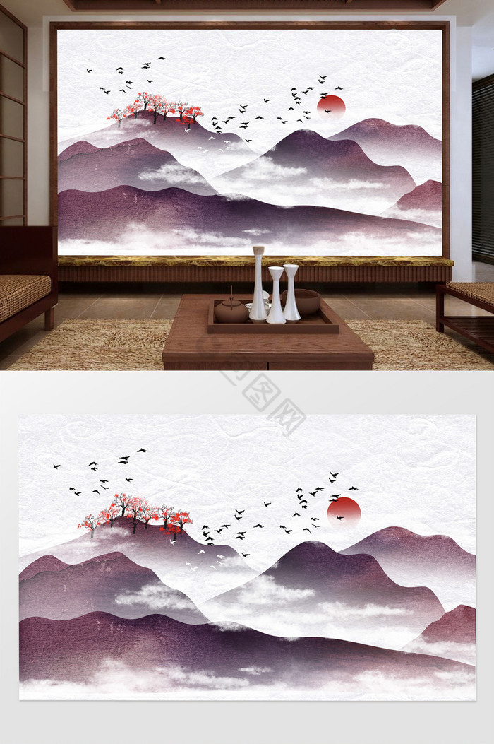 新中式水墨中式手绘意境山水电视背景墙图片