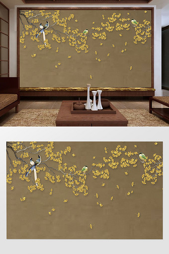 新中式银杏花鸟中式背景墙图片