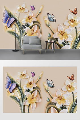 现代油画唯美蝴蝶花卉背景墙