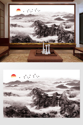 中式水墨画山水风景电视背景墙图片