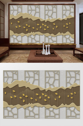 新中式古典镂空花纹金色银杏叶立体背景墙