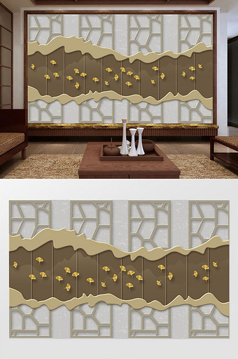 新中式古典镂空花纹金色银杏叶立体背景墙图片