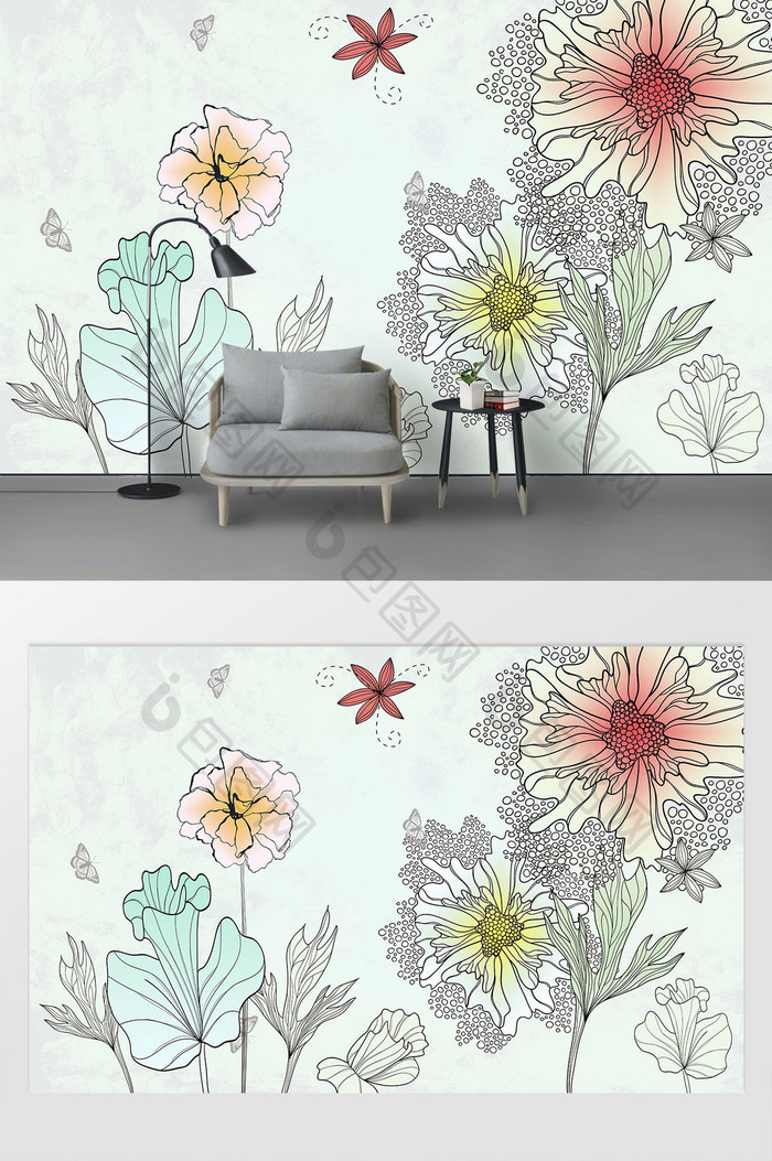 现代手绘花卉植物背景墙定制