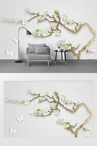 浮雕新中式树枝3d立体背景墙壁画图片