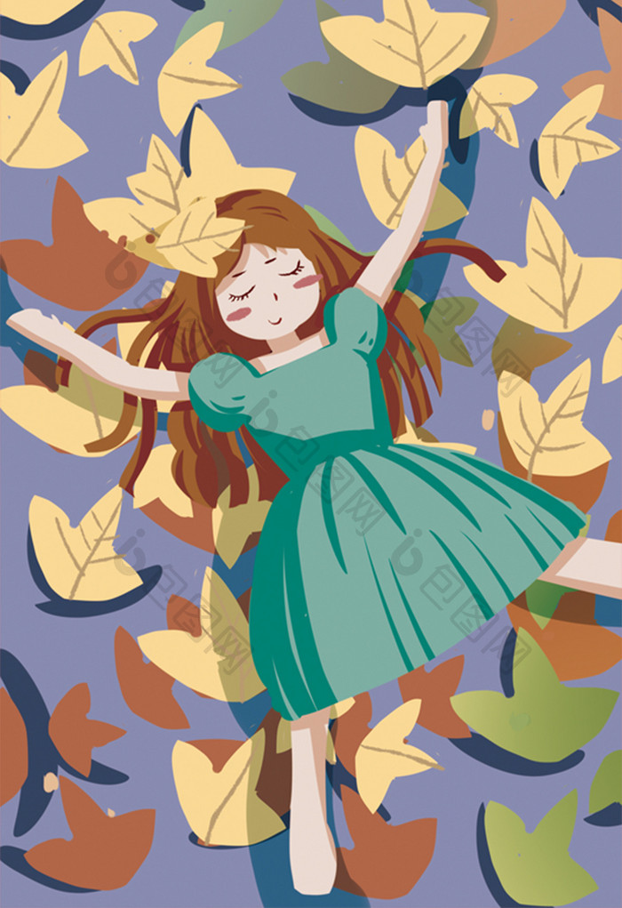 可爱立秋女孩与树叶插画