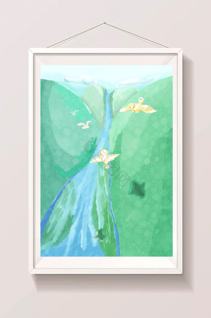 峡谷河流飞鸟插画图片