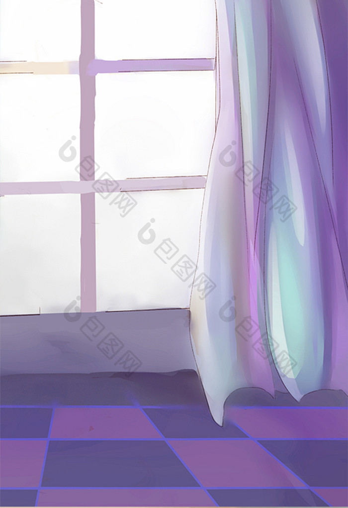 手绘室内窗户窗帘地板场景插画