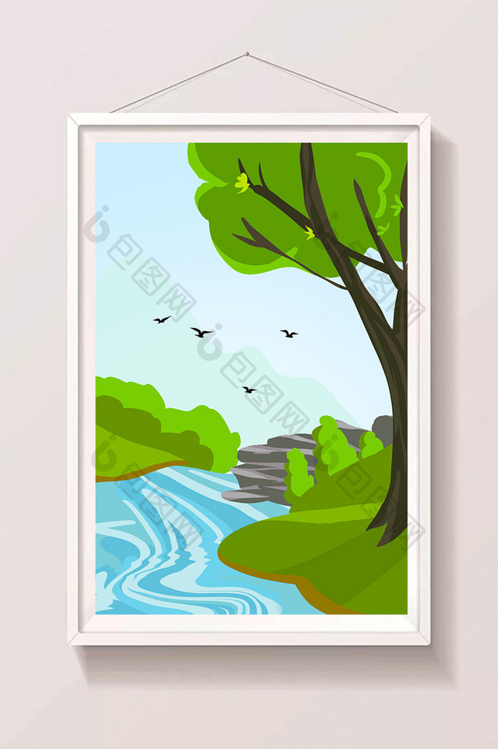 山峡河流绿树飞鸟场景插画