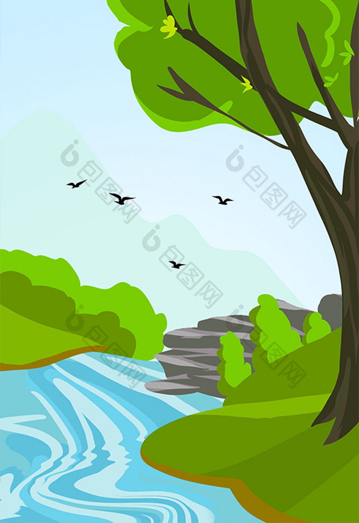 山峡河流绿树飞鸟场景插画