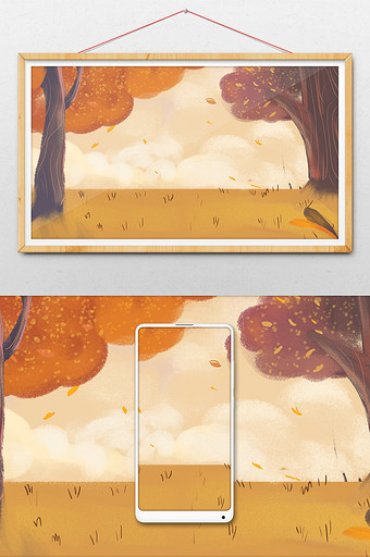 唯美秋天植物天空草地大树插画背景图图片