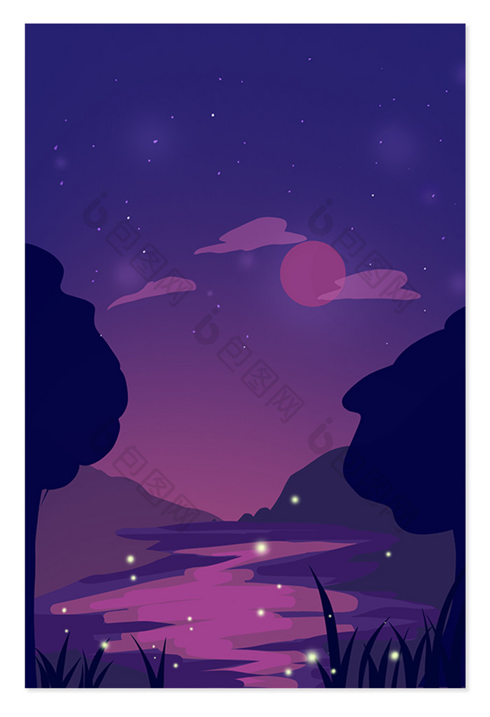 手绘紫色夜晚河流星空插画背景