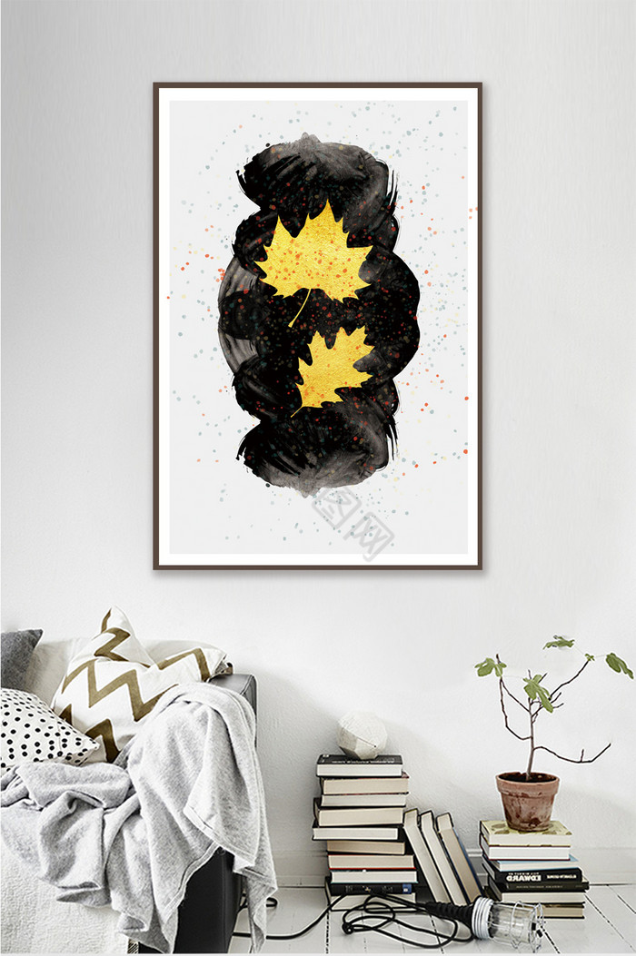 水墨喷彩铂金枫叶抽象装饰画图片