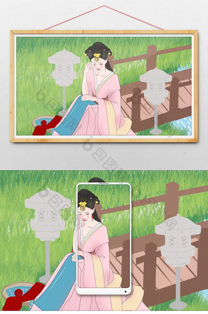 中国文化古代少女服饰文化户外插画