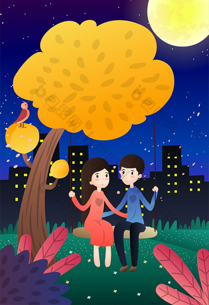七夕情人节恋人夜晚郊外约会插画图片