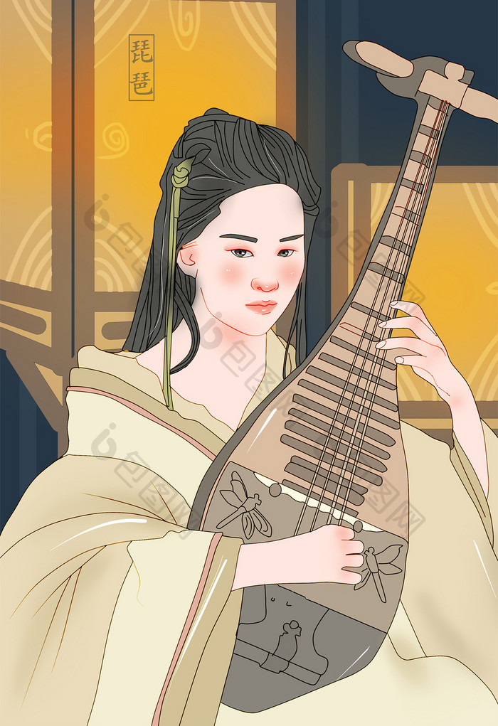 中国文化乐器文化琵琶美女中国风插画