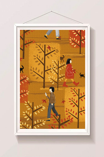 橙色城市扁平风格人物树叶秋分插画图片