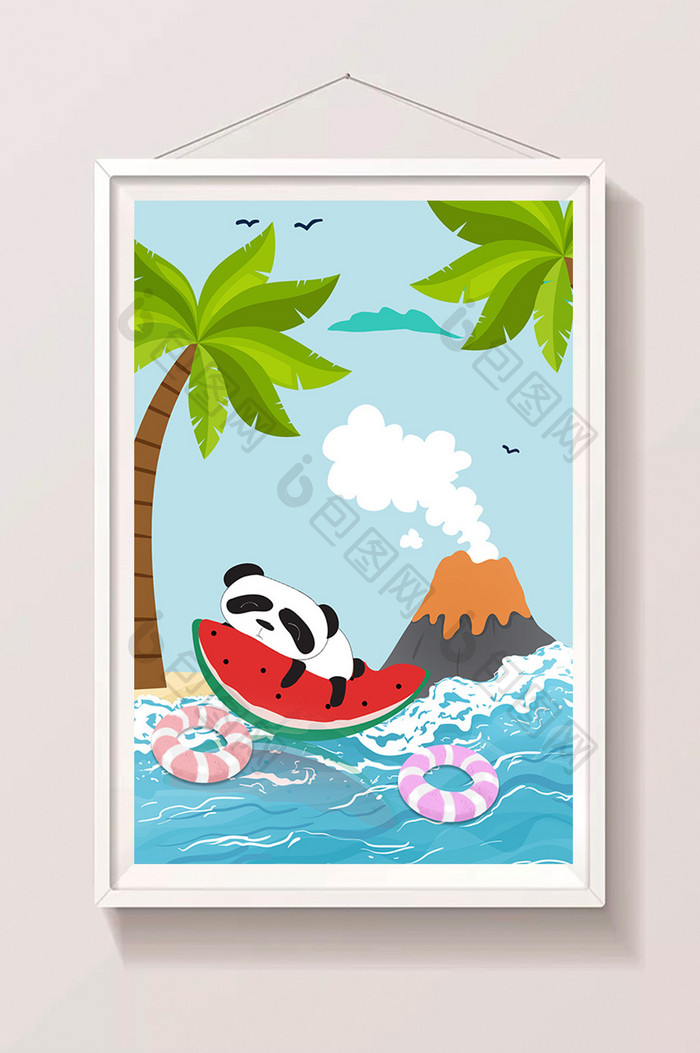 卡通清新蓝椰子树西瓜船火山熊猫海上漂流