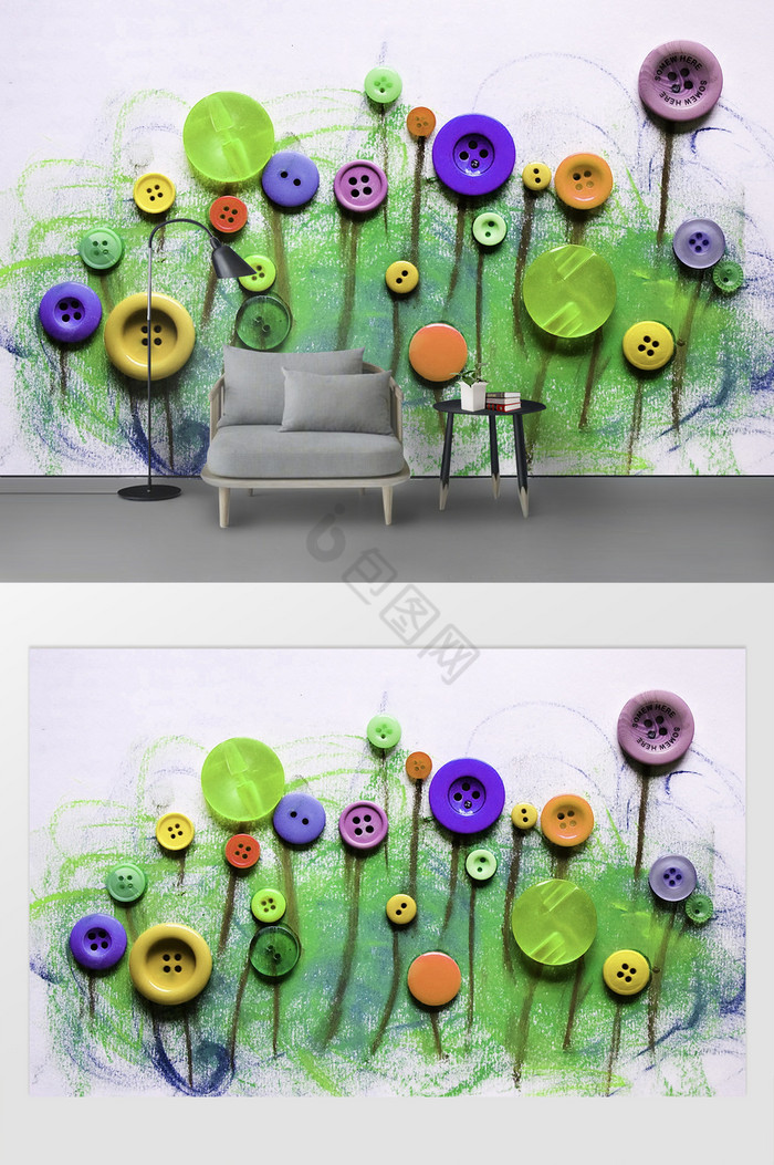 现代简约浮雕纽扣花卉涂鸦背景墙图片