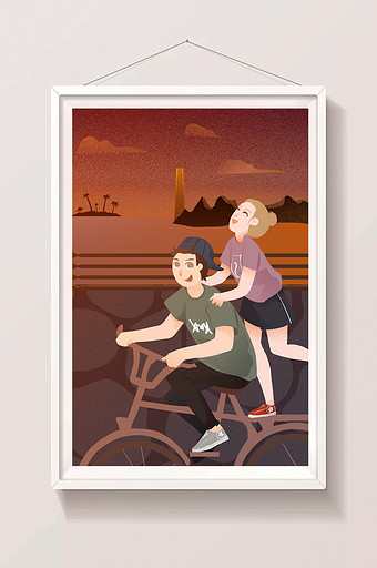 傍晚男孩骑着单车载着心爱的女孩图片